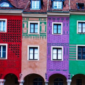 Panorama of facades of houses of old Poznan, Poland