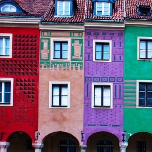 Panorama of facades of houses of old Poznan, Poland